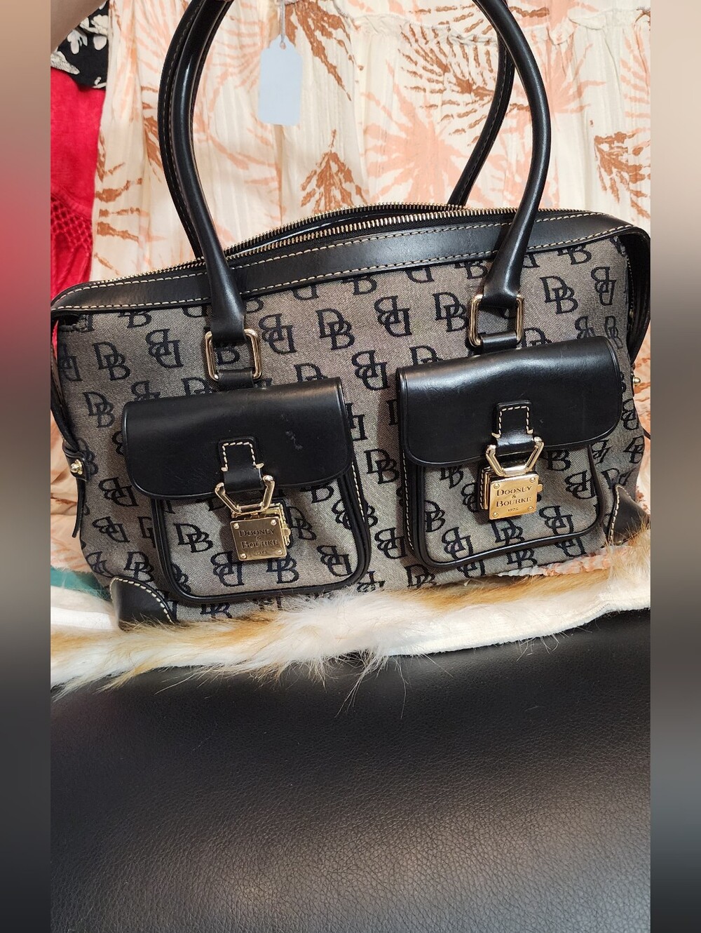 Dooney & Bourke Black/Beige Logo Satchel